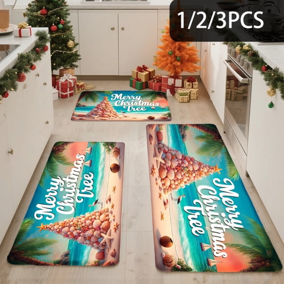 3PCS Kitchen Mat set, Welcome Door Flannel Rug,Home Decor for Front Door,Kitchen, Bathroom, Christmas Tree On Sandy Beach ,Great Christmas Housewarming gift for Family and Friends.