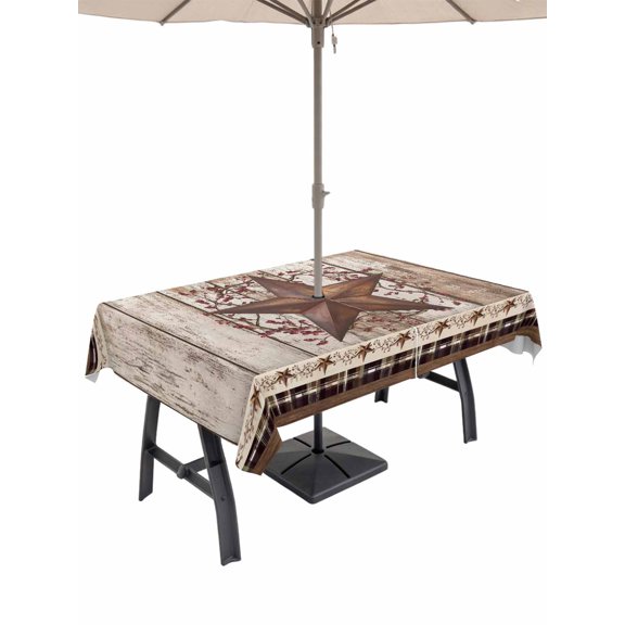 Outdoor Tablecloths with Umbrella Hole & Zipper, Texas Star Vintage 54x80 Inch Tablecloth Rectangle, Brown Retro Art Red Berry Wooden Waterproof Table Cloth, Patio/Pool/Picnic Table Covers