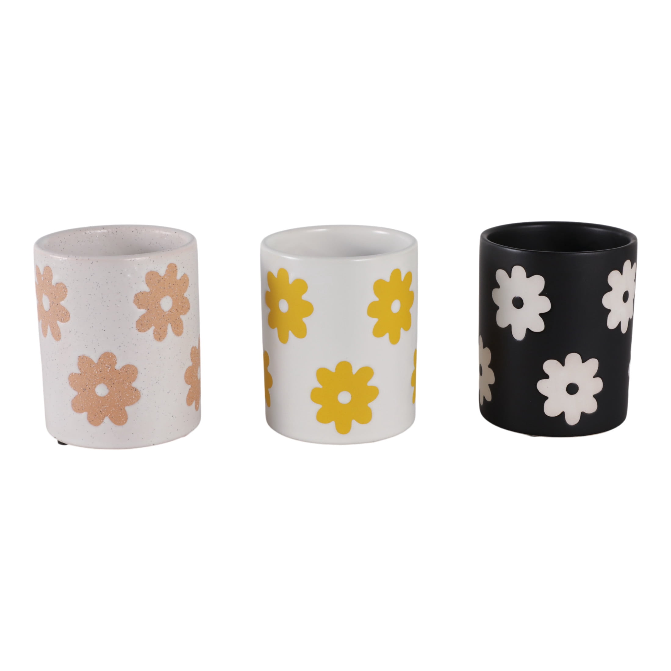 Cylinder Desk Organizer for Home Decor - Ceramic Desktop Organizer for Office Storage and Small Desk Workspace  - Boho Floral Office Accessory Decor for Tabletop - Set of 3, 5", White & Black