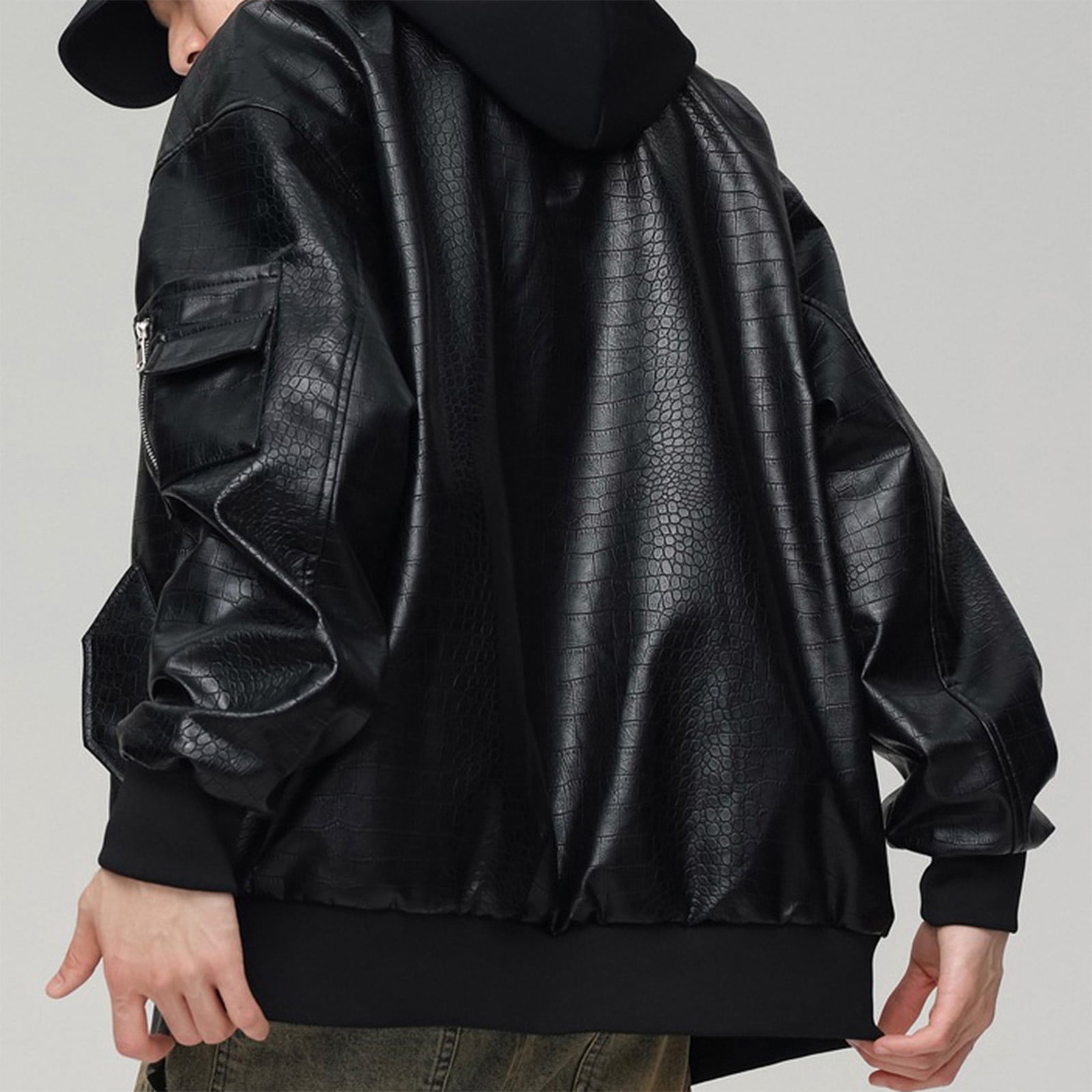 Maoxin Mens Leather Jacket Men Fashion Solid Color Zipper Pocket Hooded Long Sleeve Hooded Leather Outwear Leather Jacket Men