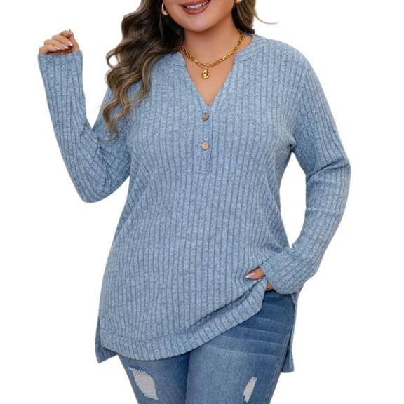 AviBest Womens Sweater Plus Size Long Sleeve V-Neck Pullover Sweaters for Women Lightweight Brushed Side Slit Tops,1XL~5XL