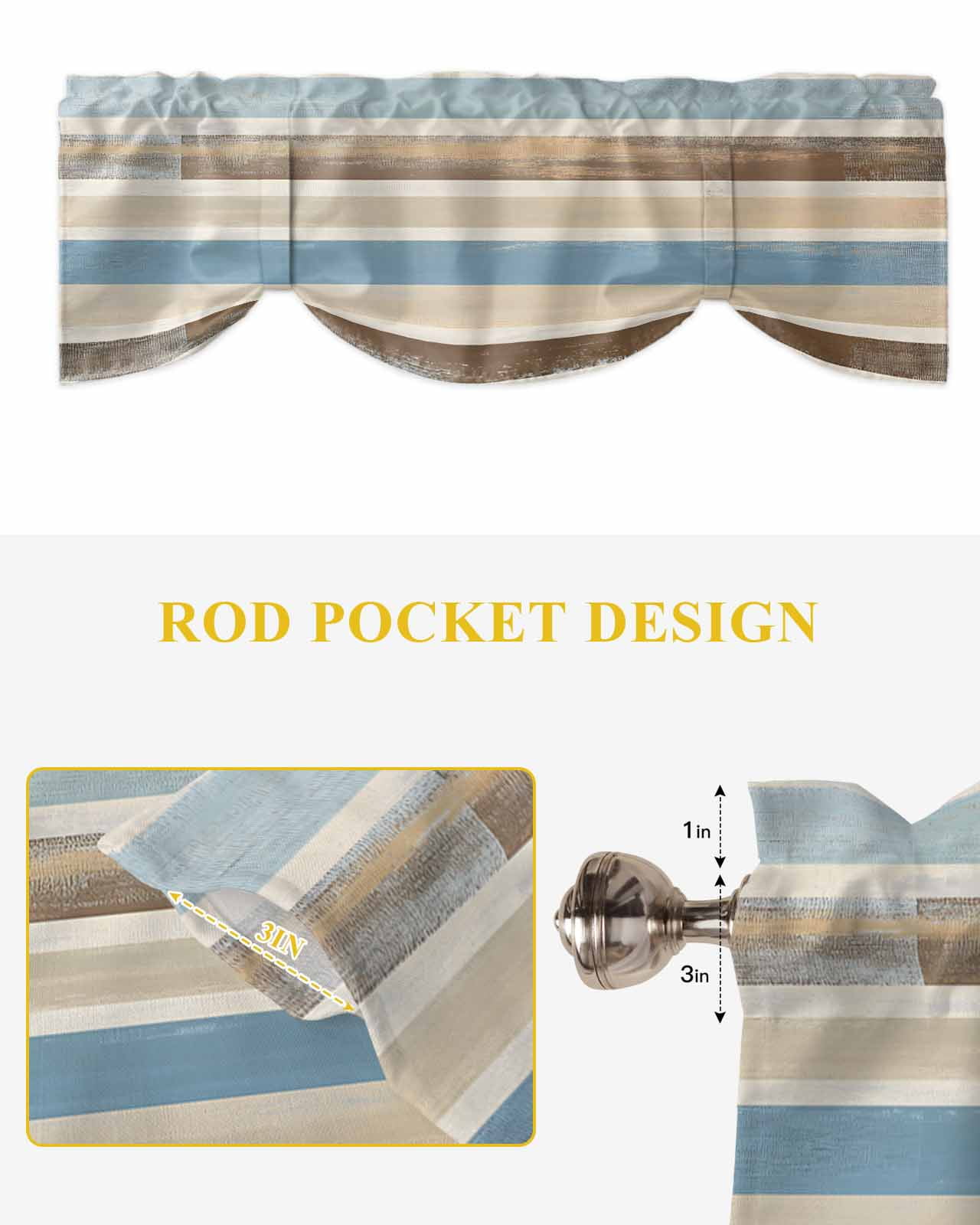 Abstract Gradient Stripe Tie Up Valances Curtain, Brown Blue Watercolor Kitchen Valances for Windows Decor, Rod Pocket Short Curtains Set for Bedroom/Bathroom, 60"x18"