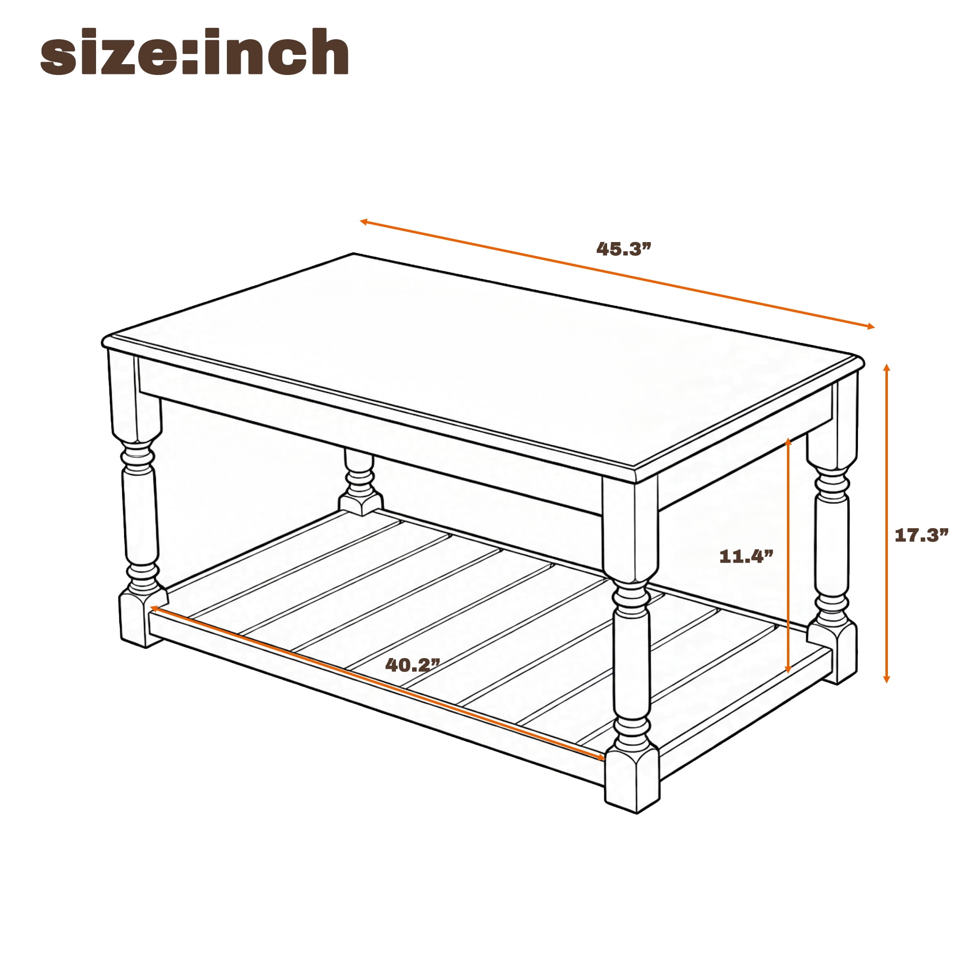 Garitin Coffee Table and Farmhouse Rectangular Center Table 45.3 Inch, Wooden Cocktail Table with Lower Storage Shelf for Living Room, Brown