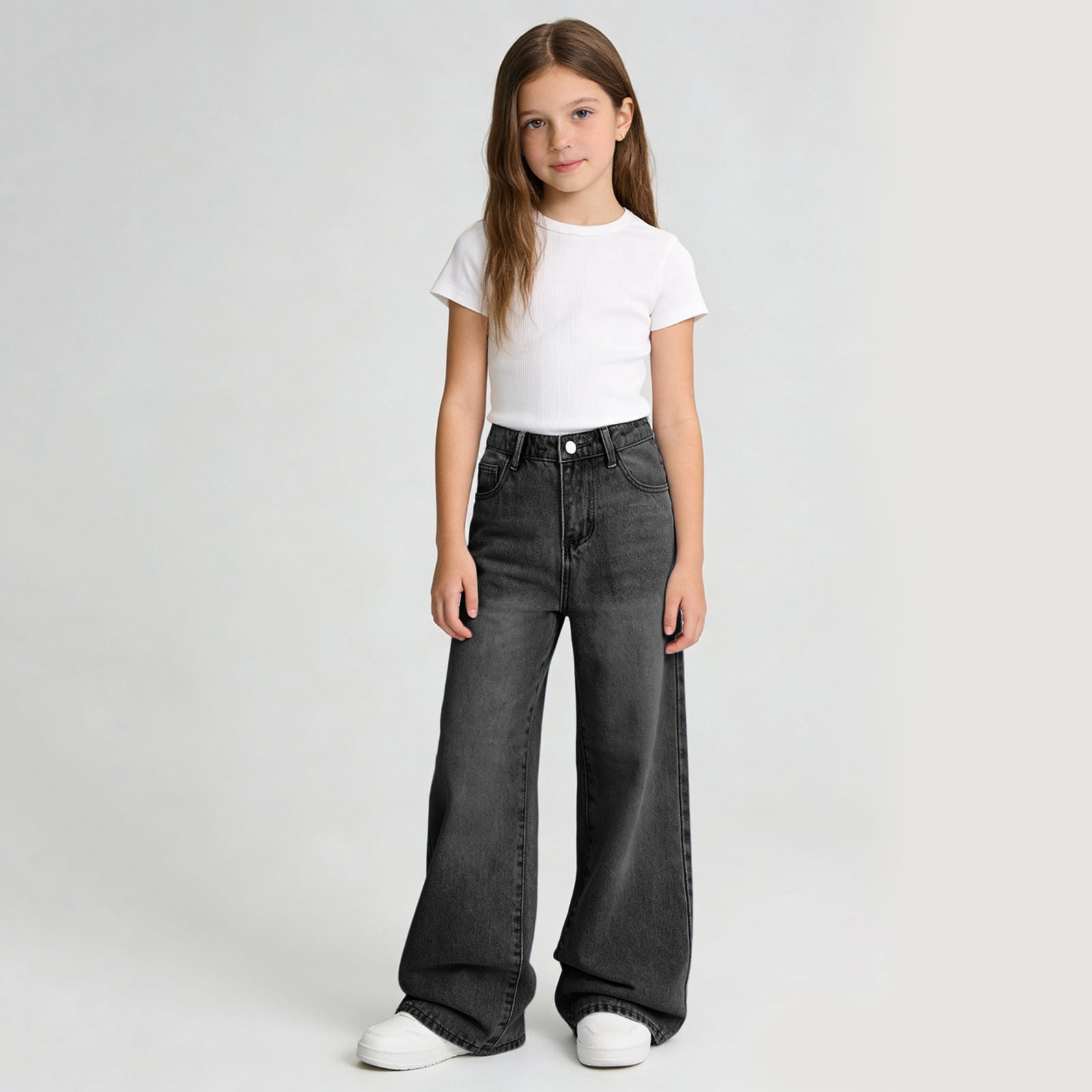 Sonxahe Tween Girl's Washed Wide Leg Denim Jeans Solid Loose Jeans Daily Play Pants,Black