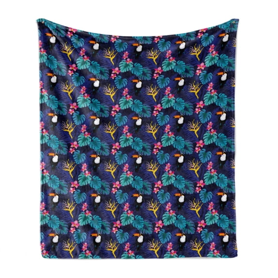 Aloha Soft Flannel Fleece Throw Blanket, Tropical Rainforest Nature Theme with Toucan Parrot Island Leaves and Pink Flowers, Cozy Plush for Indoor and Outdoor Use, 50" x 70", Multicolor, by Ambesonne