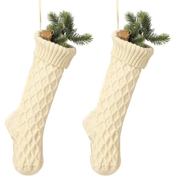 Knit Christmas Stockings Kits Solid Color White Ivory Classic Decorations 18", Set of 2