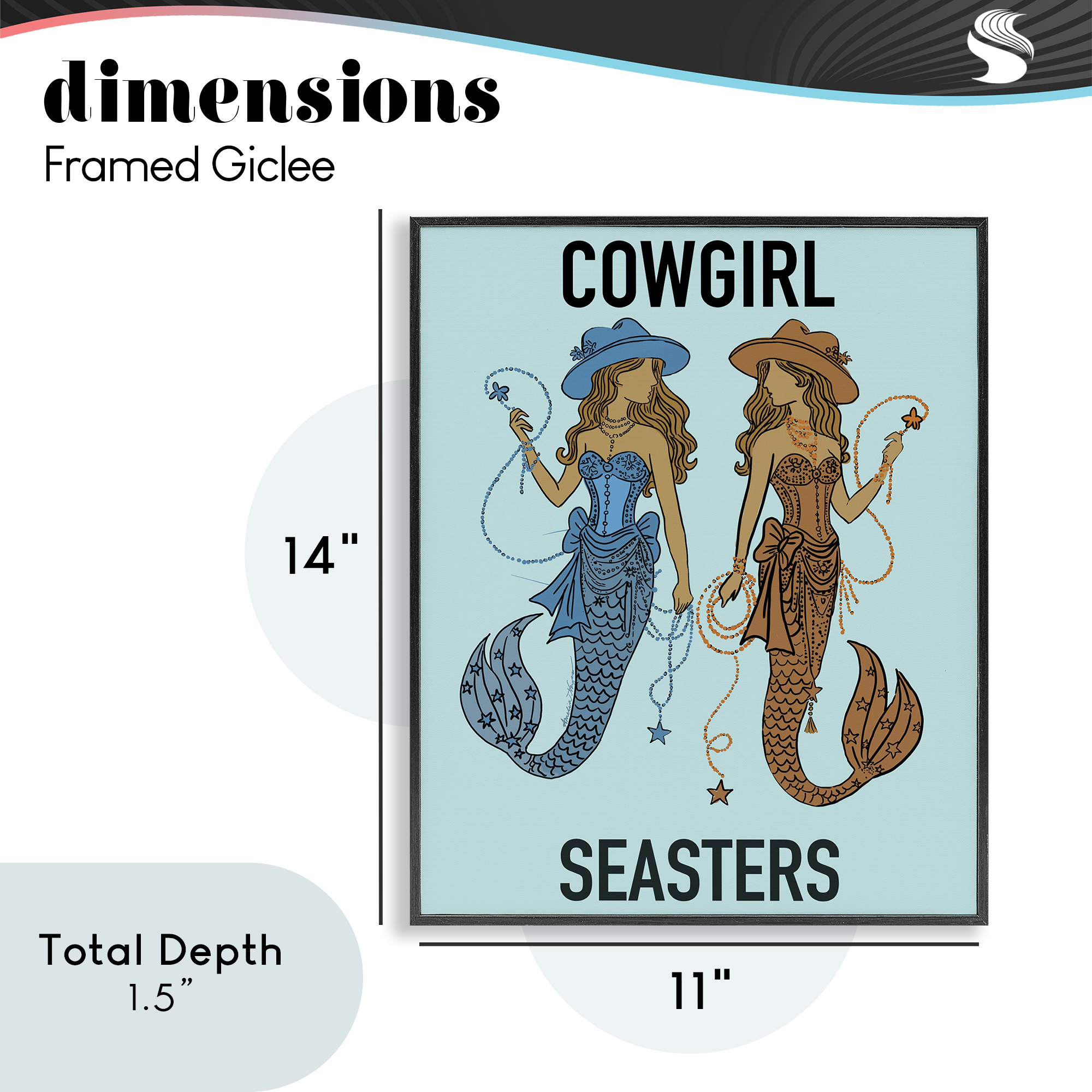 Cowgirl Seasters Mermaid Friendship Black Framed Giclee Art, design by Amelia Noyes
