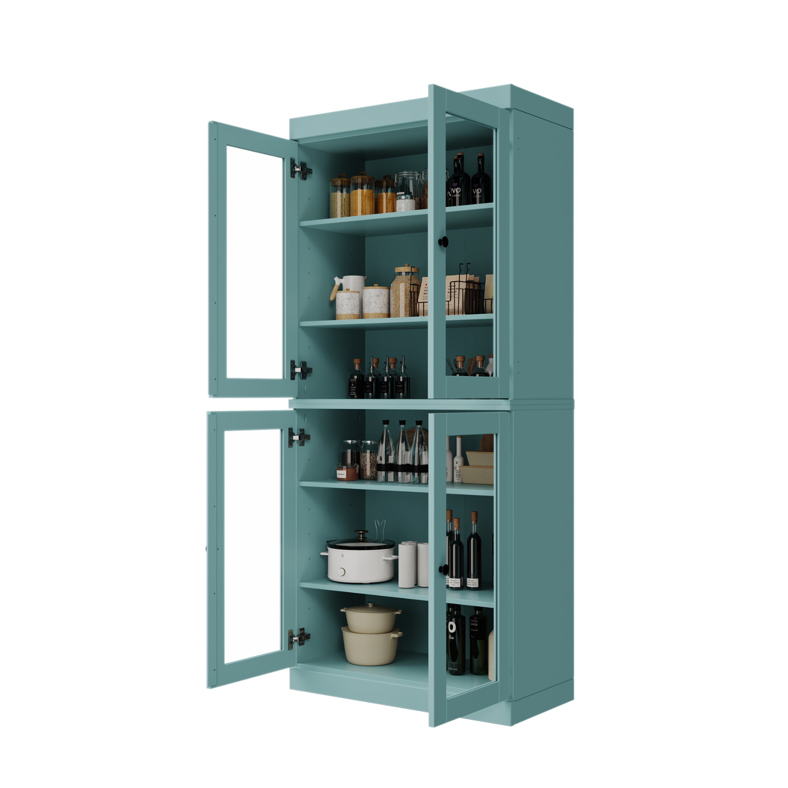 Palace Imports 100% Solid Wood Kitchen Pantry Storage Cabinet with Glass Doors and Adjustable Shelves, Aqua Blue