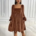 thumbnail image 5 of Women's Tie Back Square Neck Velvet B`abydoll Dresses Puff Long Sleeve Short Mini Dress, 5 of 8