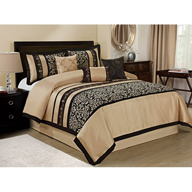 7 Piece Odesa Print Embroidery Clearance Bedding Comforter Set Fade Resistant Wrinkle Free No Ironing Necessary Super Soft All Size Queen King Cal King Size Cal King Taupe Black Walmart Com Walmart Com