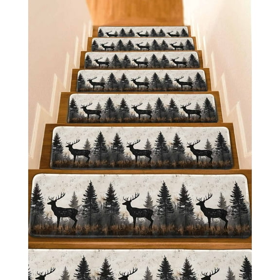 Black Elk Stair Treads for Wooden Steps Indoor Runner Rug Carpet, Forest Impressionist Animal Forest Reindeer 4 Pieces Peel and Stick Staircase Step Treads Covers Washable Throw Door Mats, 30"x8"