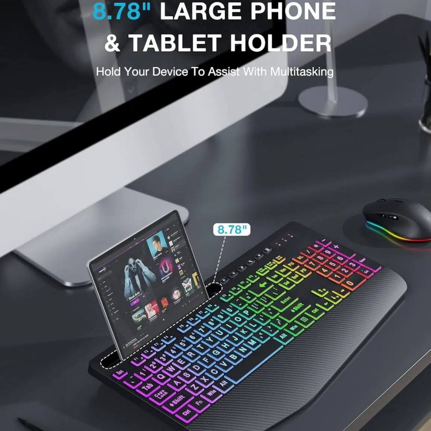 Wireless Keyboard and Mouse Combo with 9 Backlit, Wrist Rest & Phone Holder, Large Print,Deep Black