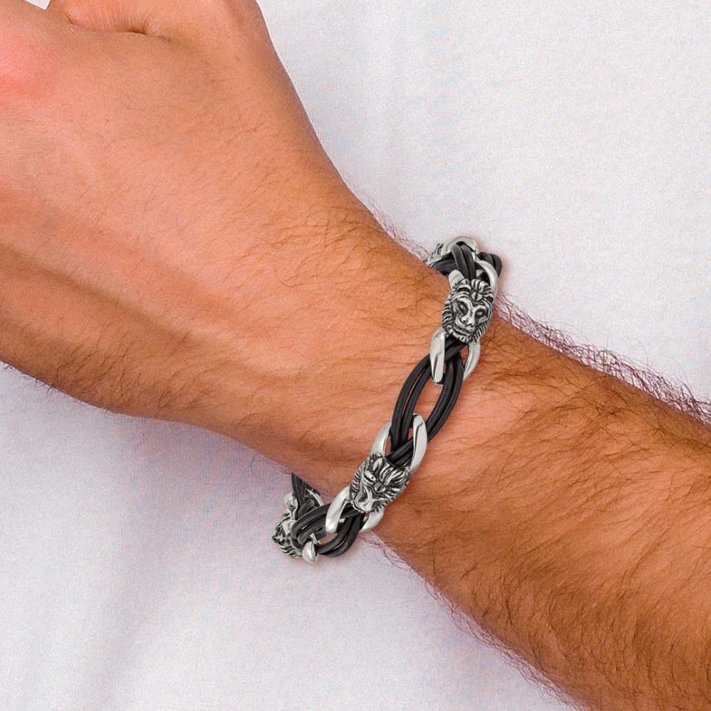Diamond2Deal Stainless Steel Antiqued and Polished Lion Head Dark Brown Leather Bracelet for Men 8.5"