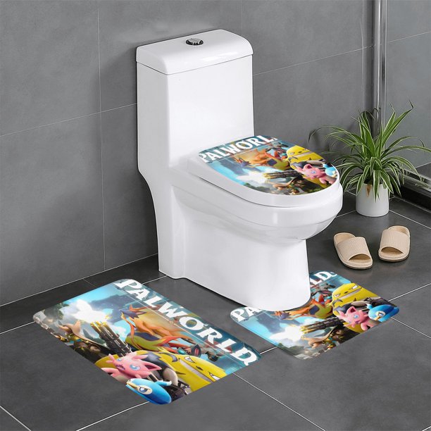 Palworld Juego de 3 alfombras de baño de coral fleece: tapete de baño + alfombra de inodoro en forma de U + funda de tapa de inodoro en forma de O