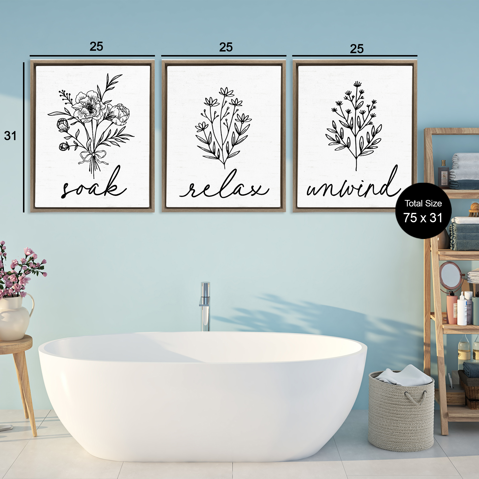 Bathroom Herbs for Relaxation 3 Piece Brown Framed Floater Canvas Set, design by Lettered and Lined