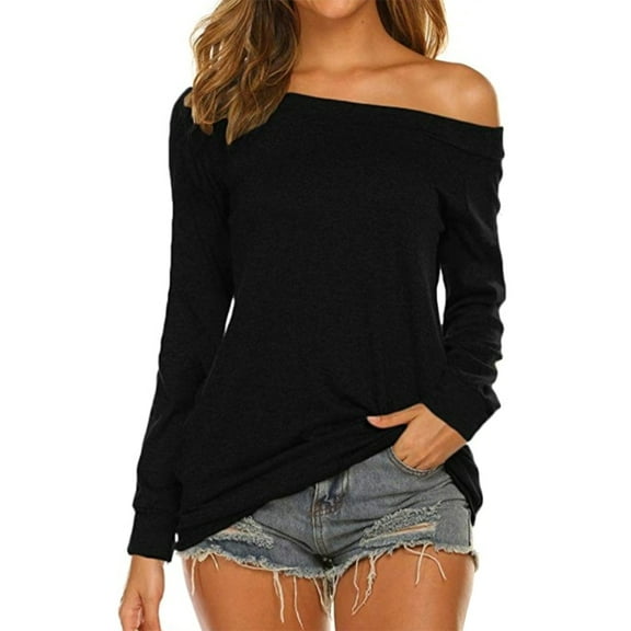 Women'S Long Sleeve Boat Neck Off Shoulder Blouse Tops Black S