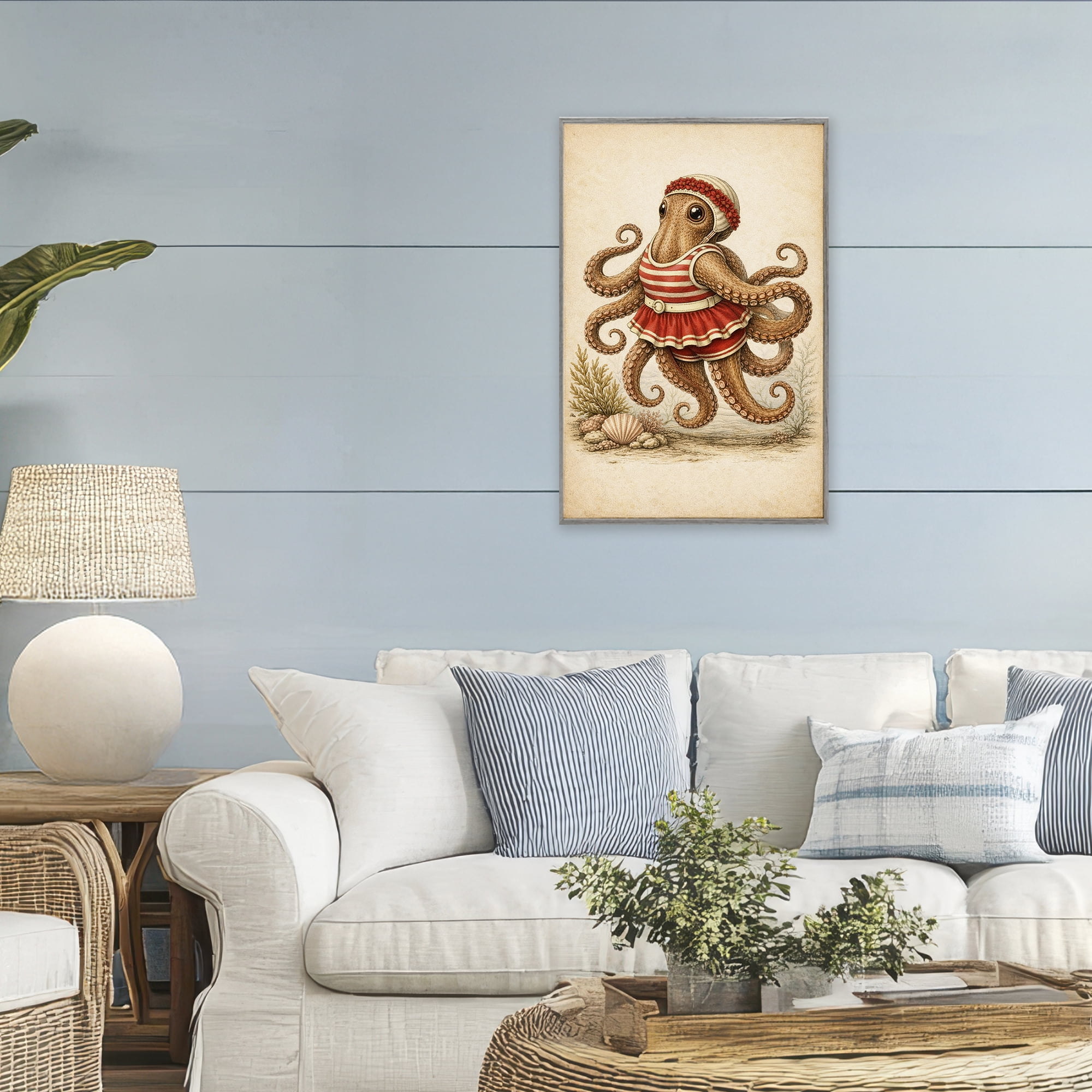 Stupell Industries Octopus of Maritime Bathing Society Gray Framed Giclee Art, design by Grotto Studios