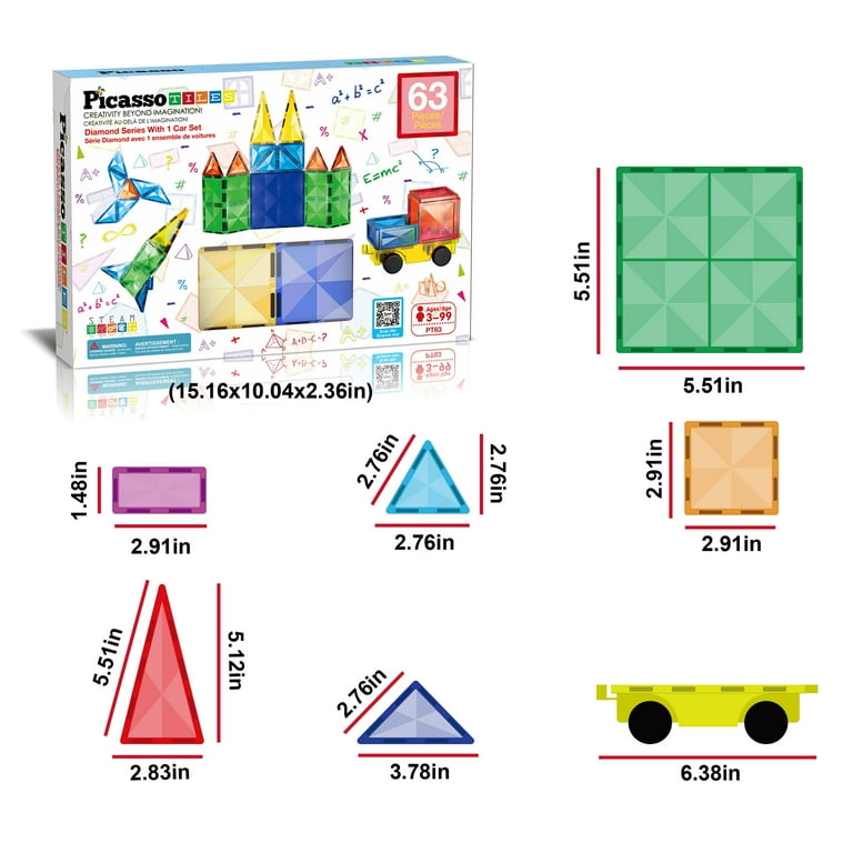 ☆ picaso☆ PicassoTiles Magnetic Tiles with Vehicle Base 63 Piece