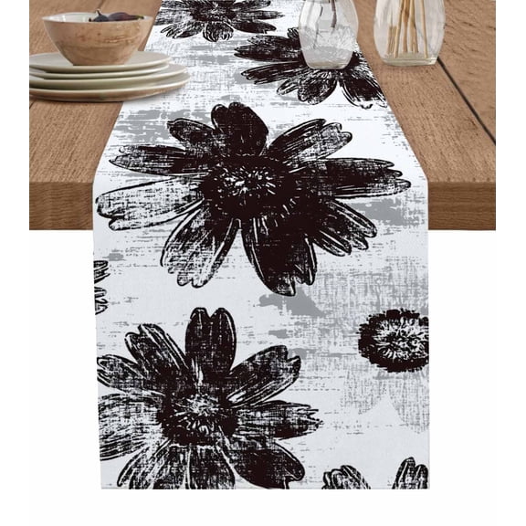 Black White Spring Floral Table Runner 72 Inches, Summer Flowers Botanical Bed Runner Dresser Scarves Tabletop for Indoor Outdoor Parties/Ceremony/Banquet, 13" x 72"