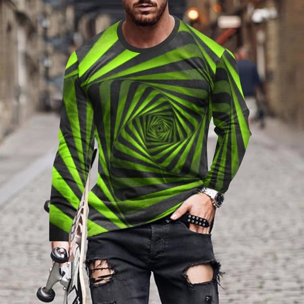 Blusas y camisas de manga larga con cuello redondo para hombre, blusa informal de manga larga con cuello redondo y estampado de rayas, blusa de poliéster para hombre