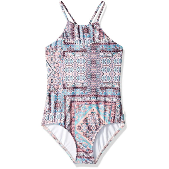 Seafolly Girls' High Neck Tank One Piece Swimsuit with Criss Cross Back, Maharaja Multi, 16