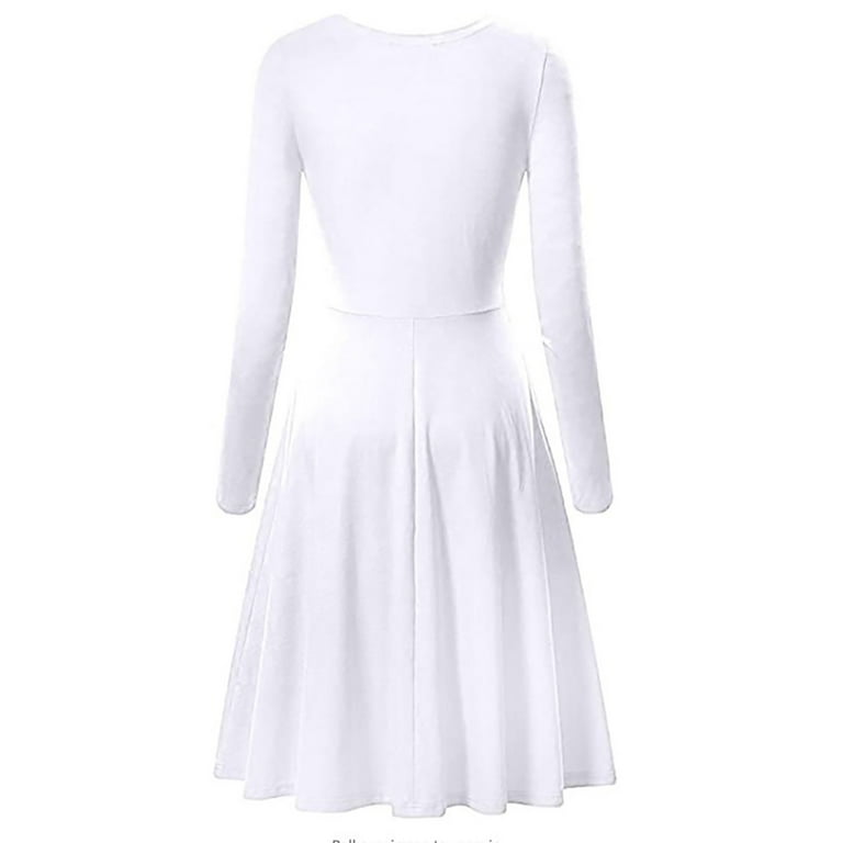 Blczomt Plain Womens Winter Dress White Midi Long Sleeve Dressy Casual A  Line Crew Neck Formal Elegant Dresses - Walmart.com