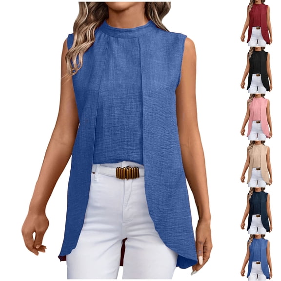 Miluxas Womens Tank Tops Casual Mock Neck Pleated T Shirts Tunic Sleeveless Top Fashion Clothes Wine