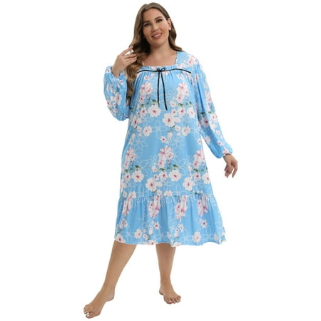 

Women s Plus Size Floral Printed Nightgown Square Neck Long Sleeve Nightdress Soft Ruffle Sleepwear Loose Over Knee Length Gown Lounge Dress XL-5XL