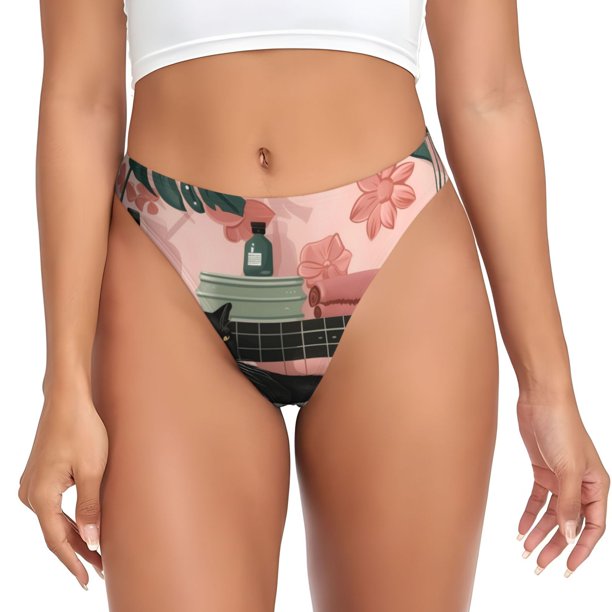 Balery Black Cat Pink Bathroom Tangas de Algodón para Mujer con Estampado – Ropa Interior Sexy, Transpirable, G-string-Small