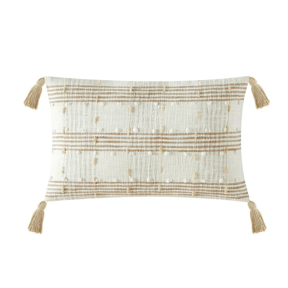 Better Homes & Garden 100% Cotton Plaid Stripe Oblong with Tassels and Poly Fill Insert, Beige, 14" x 24"