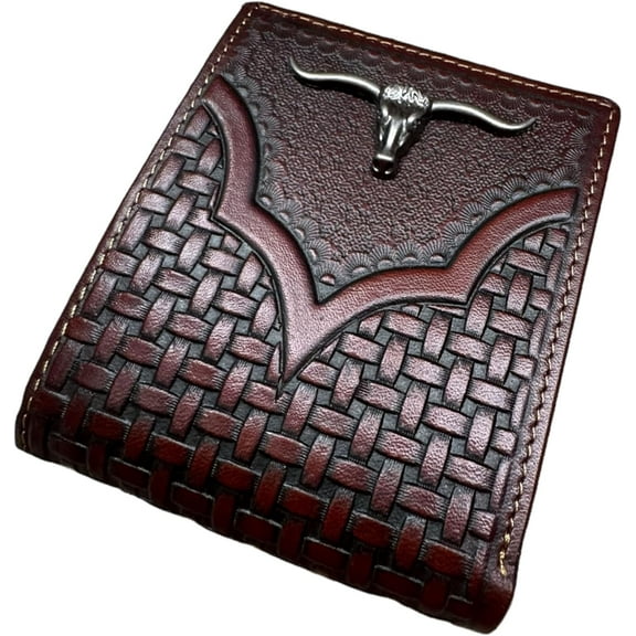 Western Stakes Mens Wallet Basketweave Tooled Leather Longhorn Concho Studded Bi Fold Style Cowboy Hand Crafted High End Mens Wallets Leather Gifts For Men (Brown)