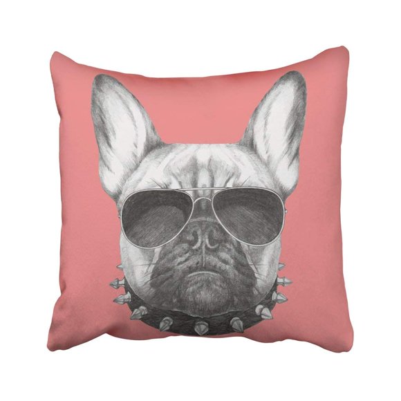 BSDHOME Pink Animal Portrait Of French Bulldog With Collar And Sunglasses Pet Cool Dog Face Modern Pillowcase 18x18 inch