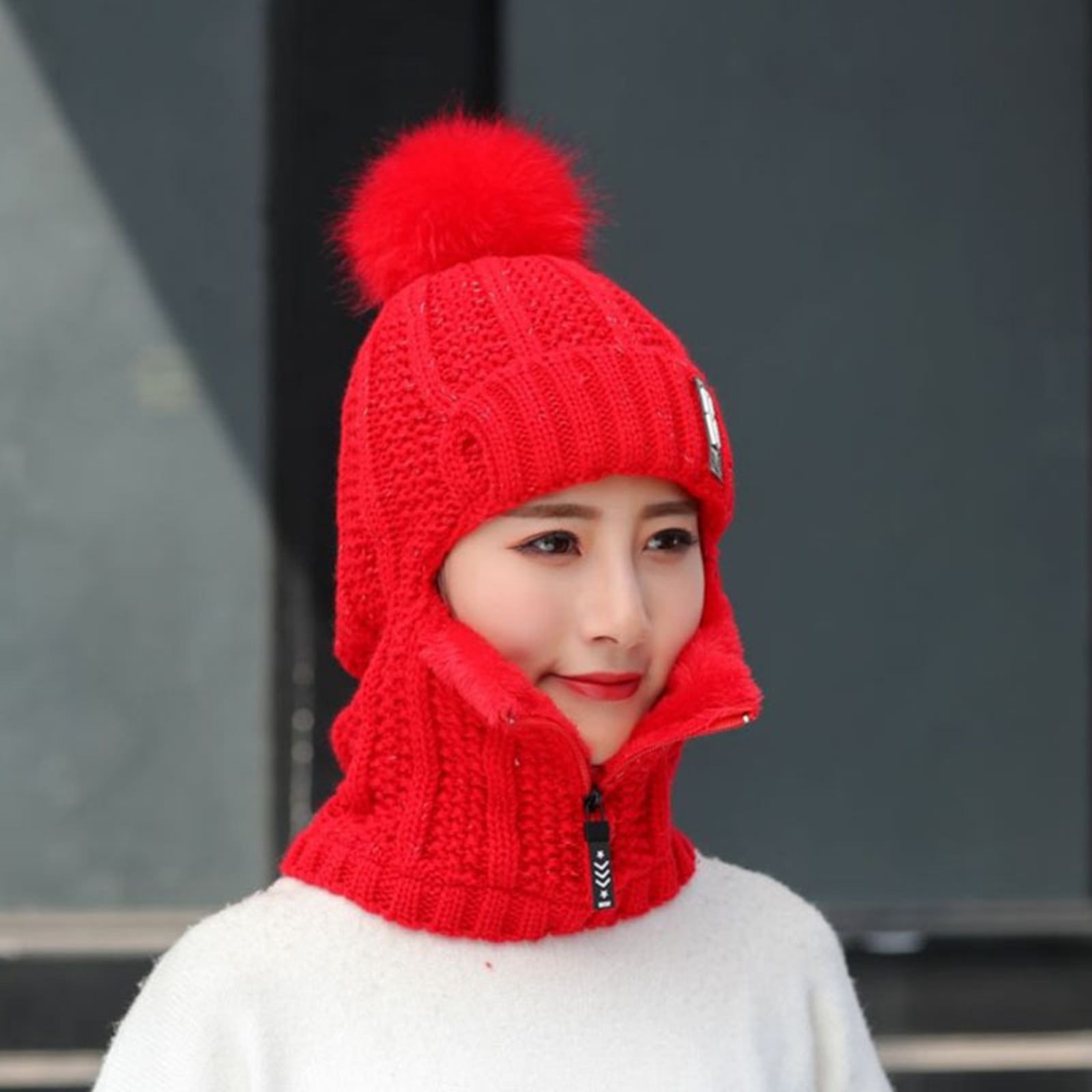 Tanhomme Fleece Ski Covers Winter Face-Cover Windproof Hooded Scarf Cold Weather Hat Neck Warmer Womens Earmuffs Adding Flocking Thermal Cycling Warm Winter Hat Knitting Scarf Hat