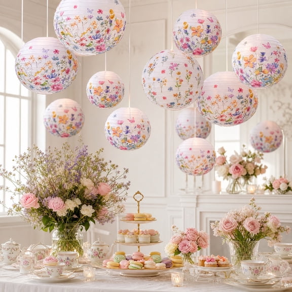 12 Pcs Wildflower Paper Lantern Set Floral Party Decorations Flower Paper for Springtime Outdoor Camping Decorations, Birthday and Tea Party Supplies