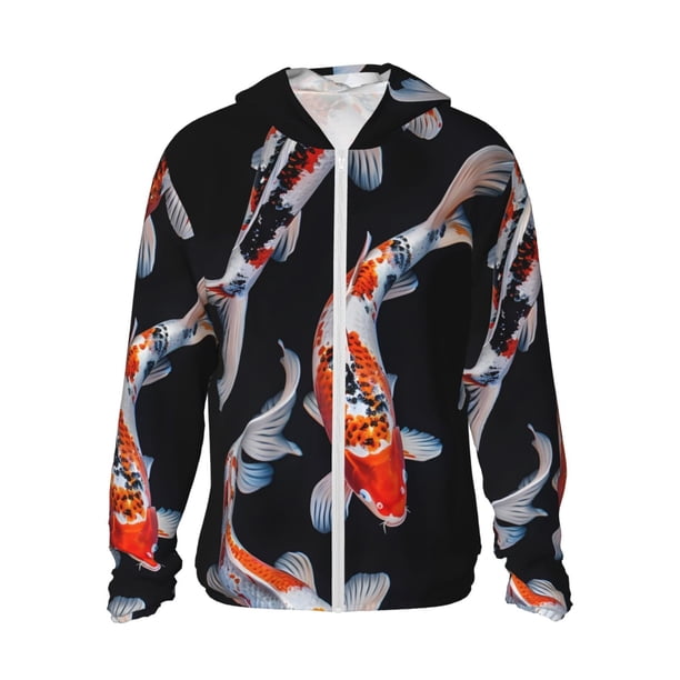 Balery Tricolor Koi Fish Trio Sudadera ligera de manga larga con capucha y protección solar UPF 50+ para hombre y mujer, ideal para pesca y running-3X-Large