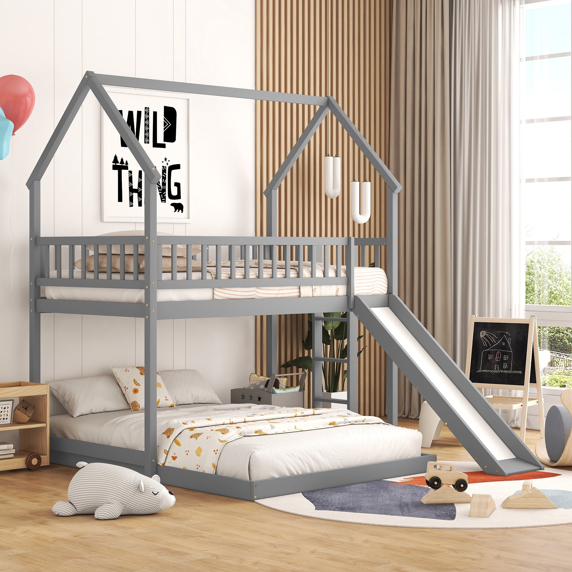 Euroco Modern Wood Twin over Full House Bunk Bed for Kids Teens Bedroom, Gray