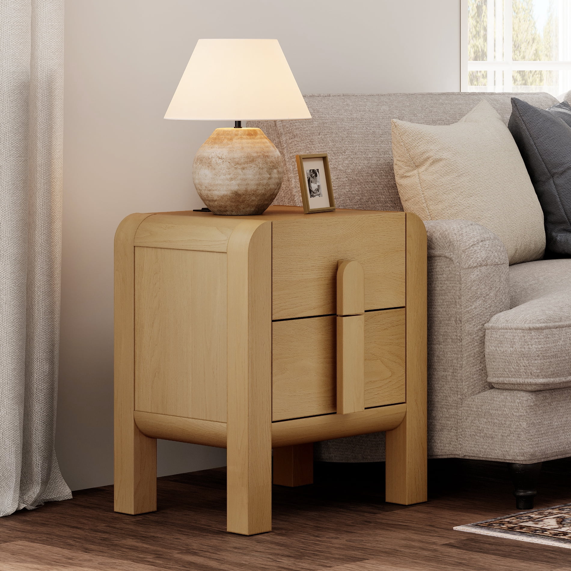 Bedroom End Table with Charging Station and Curved Profile Design, Mid Century Modern Wooden Nightstand with Drawer for Living Room, Sofa Office