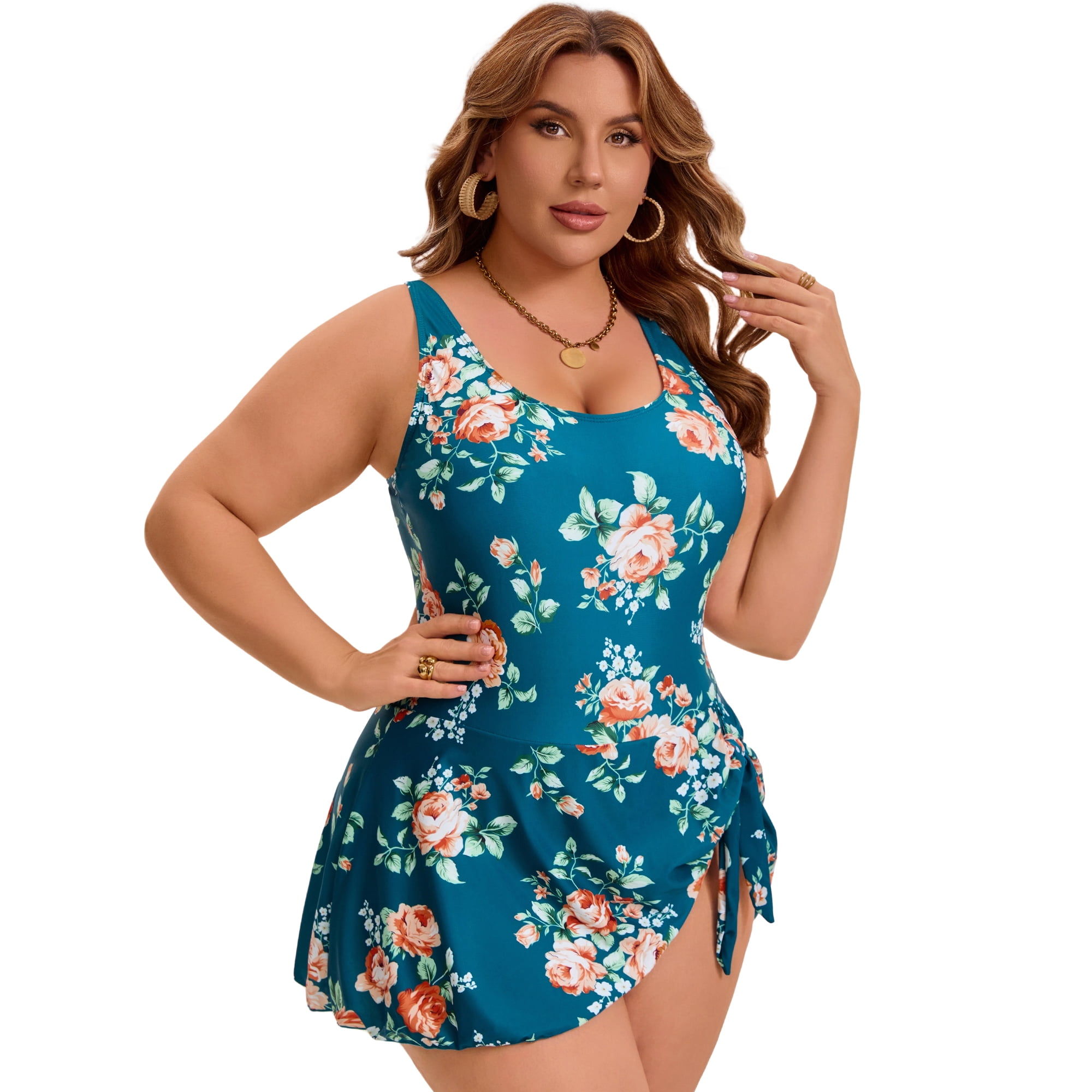 DARING DIVA Women's Plus Swimdress Floral Push Up Bathing Suit L Green