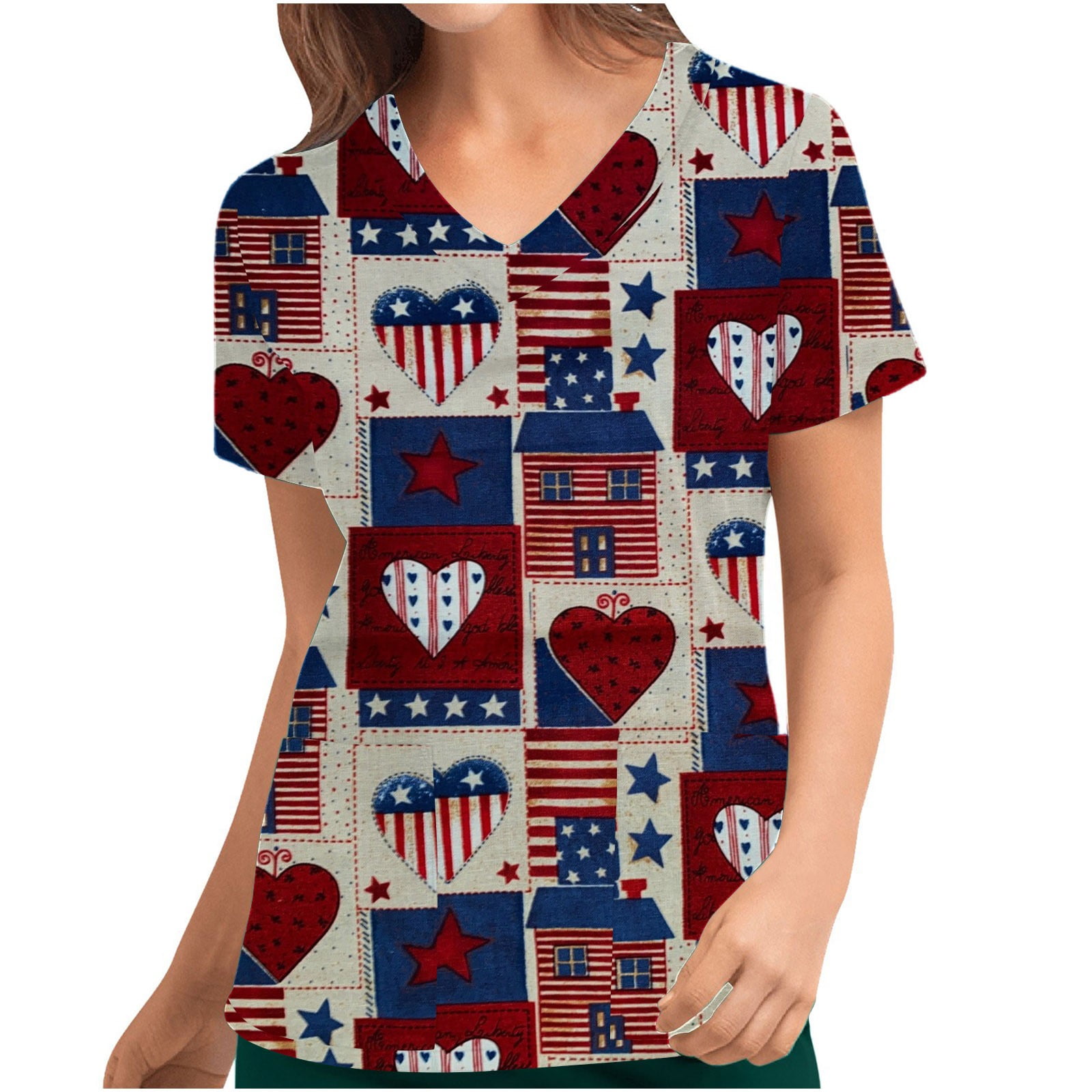 American Flag Scrub_Tops for Women Independence Day V-Neck Scrubs 4th ...