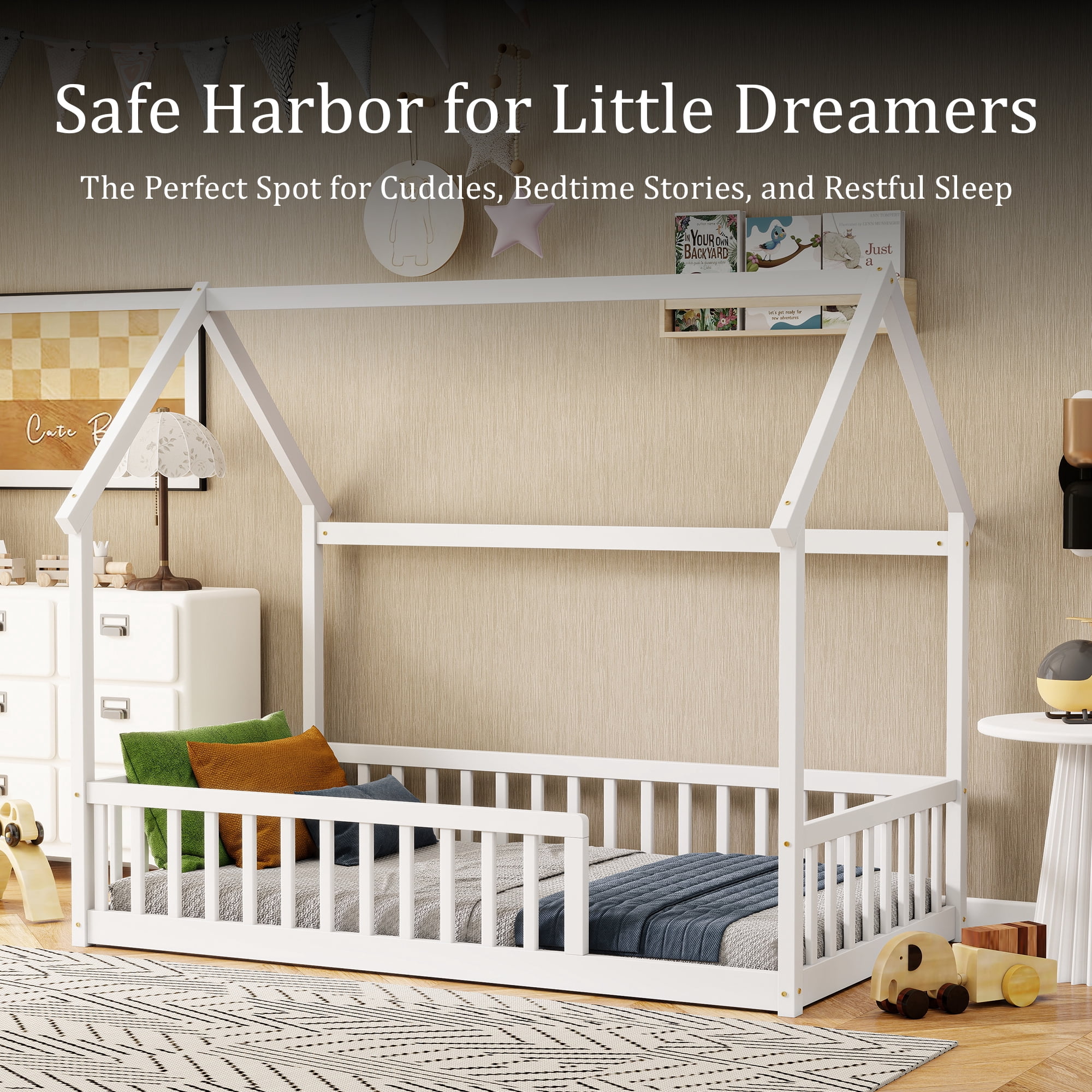 Twin Size House Floor Bed with Roof Frame, Pine Wood Floor Bed with Safety Guardrails, White