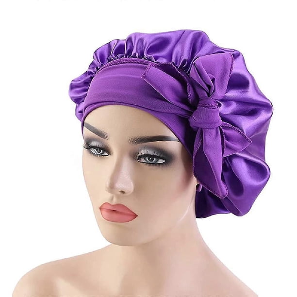 Gorro de dormir extragrande de satén con cintas anchas ajustables para cabello largo, paquete de 3 gorros de seda para el cabello.