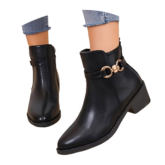 YLYL Women's Ankle Boots Buckle Strap Pointed Toe Side Zipper Chunky Mid Heel Fashion Casual Short Booties