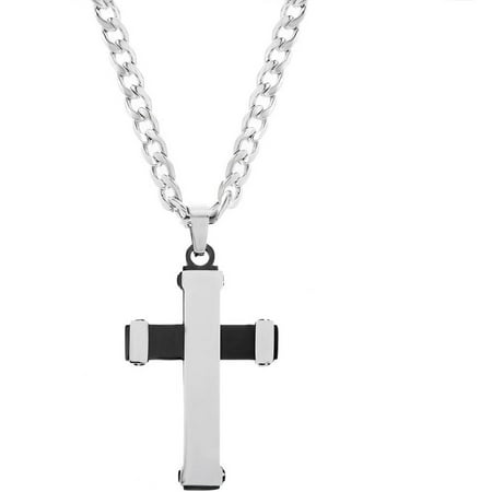 Curb Chain Cross - Reinforcements Two-Tone Men's Black IP/Silver Cross Curb Chain Necklace in Stainless Steel