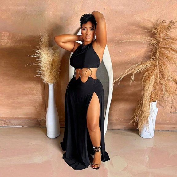 Black High-Slit Evening Gown With Metallic Ring Waist Detail And Halter Neck