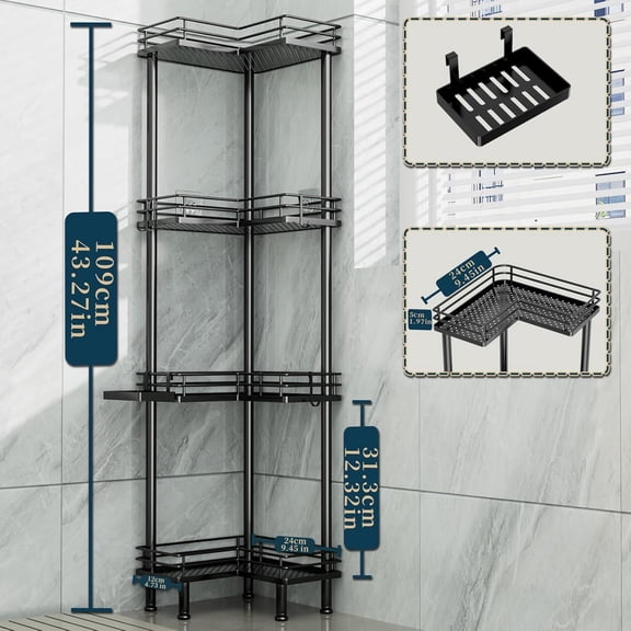 Corner Shower Caddy Standing, 4-Tier Stainless Steel Bathroom Organizer with Soap Holder, 4 Hooks, Large Capacity Corner Shelf for Shower & Restroom – Black