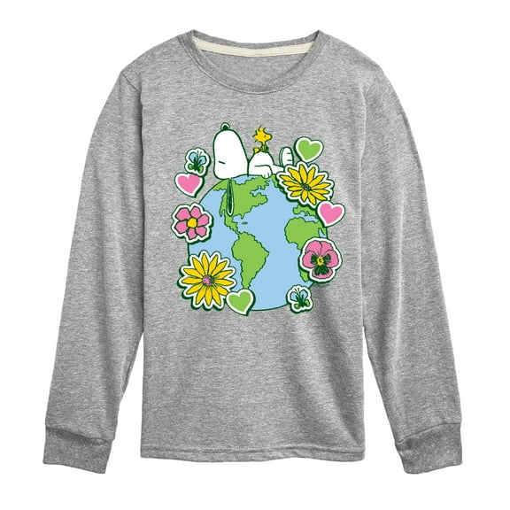 Peanuts - Snoopy Woodstock Earth Stickers - Youth Long Sleeve Graphic T-Shirt