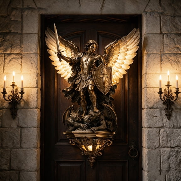 Archangel Michael Wall Lamp, 3D Resin LED Wall Light Hand Finished Angelic Decor 7.9 Inch Vintage Gothic Sculpture for Entryway Living Room Indoor Medieval Fall Wall Home Decor