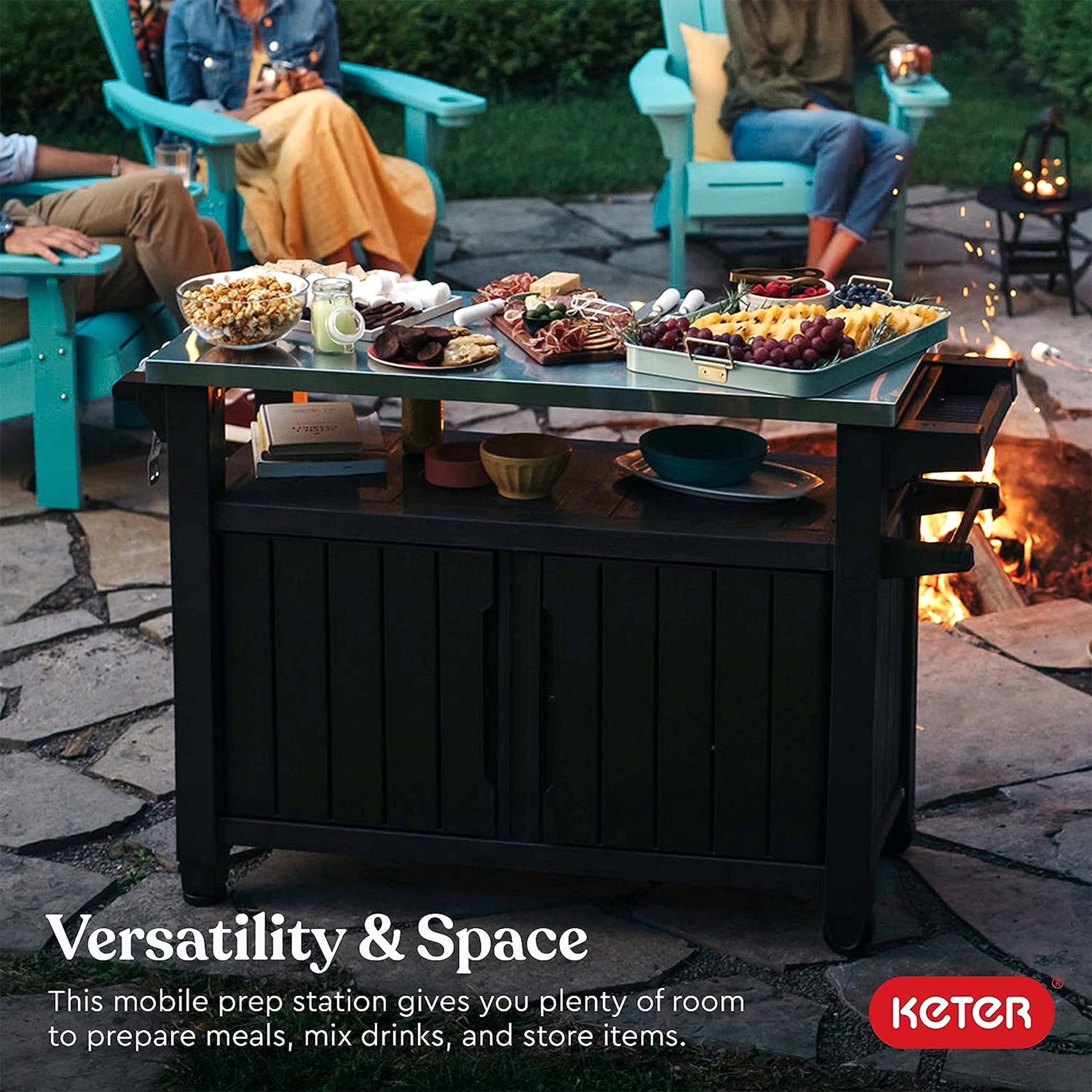 Keter Unity XL Outdoor Kitchen Bar Rolling Cart with Storage Cabinet, Brown | Gartentische