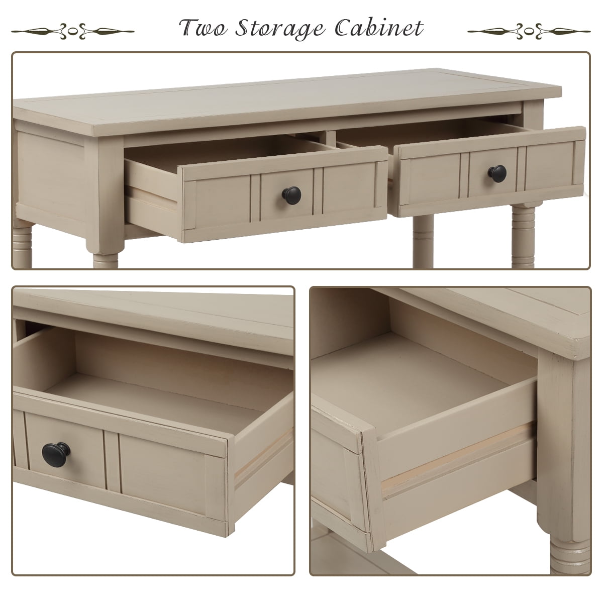 Entryway Table with Solid Wood Legs Console Table Traditional Design with Two Drawers and Bottom Shelf Sofa Table