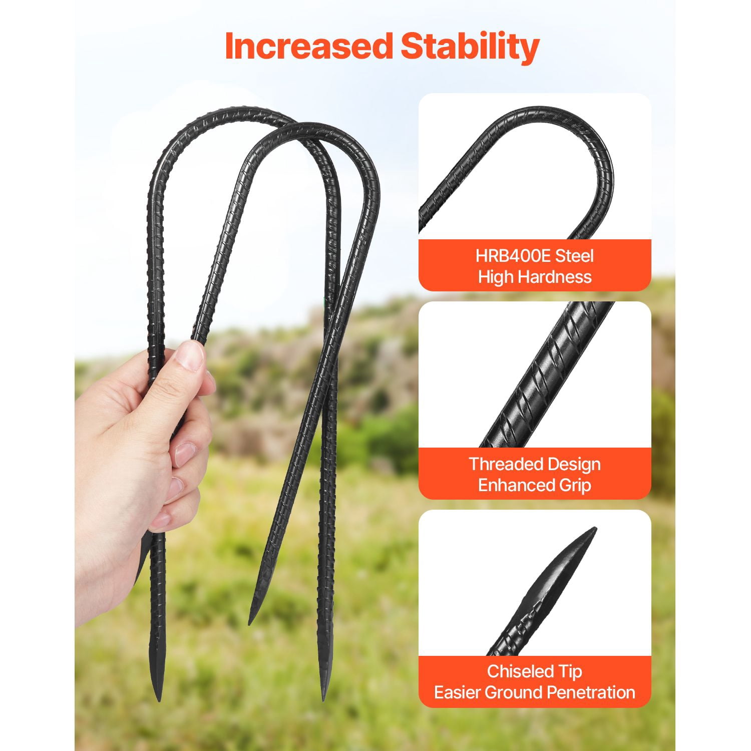 10-Inch 12 Pack U Shape Rebar Stakes, Galvanized Steel with Black Powder Coating, Chiseled Tip 60°, for Anchoring Fences, Tents, Trampolines & Outdoor Equipment